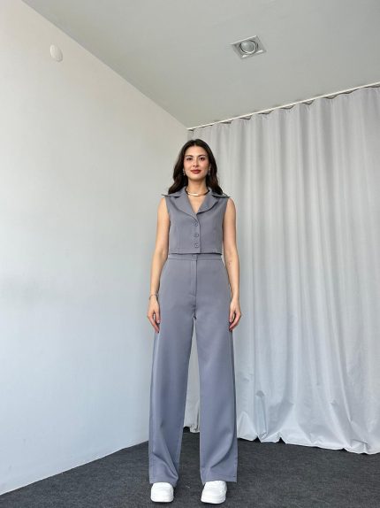 Gri Kısa Yelekli-Palazzo Takım