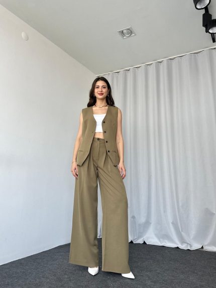 Haki Oversize Yelek-Pantolon Takım