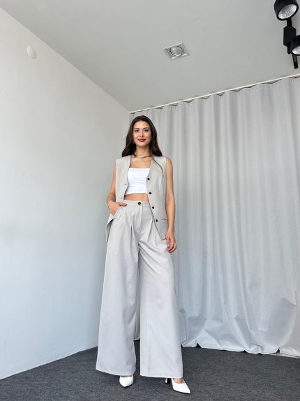 Gri Oversize Yelek-Pantolon Takım