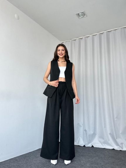 Siyah Oversize Yelek-Pantolon Takım