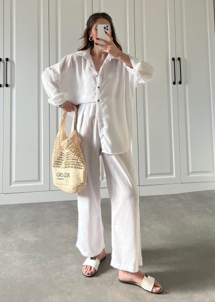 Beyaz Keten Aerobin Kapsül Gömlek Takım