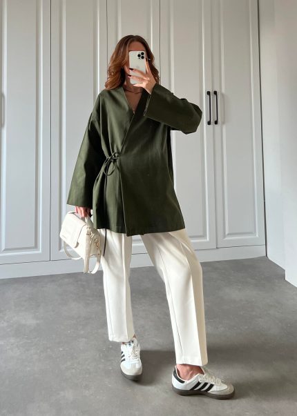 Haki Yandan Bağlamalı Gabardin Kimono Ceket