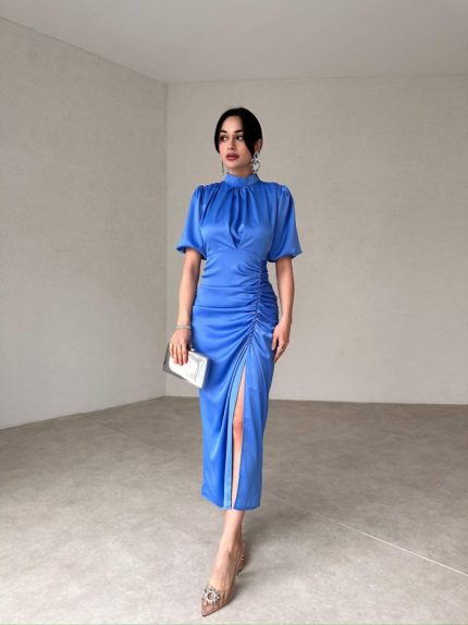 Bebe Mavisi Drapeli Saten Kumaş Midi VENLO Elbise