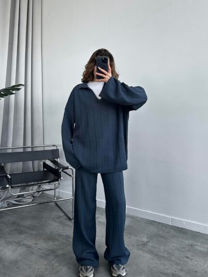 Kilsa Çizgili İndigo Triko Takım