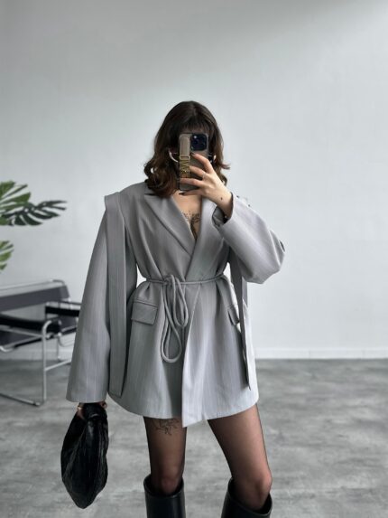 Gri Mila Çizgili Premium Ceket