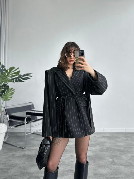 Siyah Mila Çizgili Premium Ceket