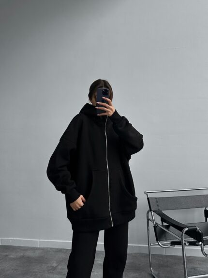 Siyah Space Unisex Oversize Hırkalı Takım