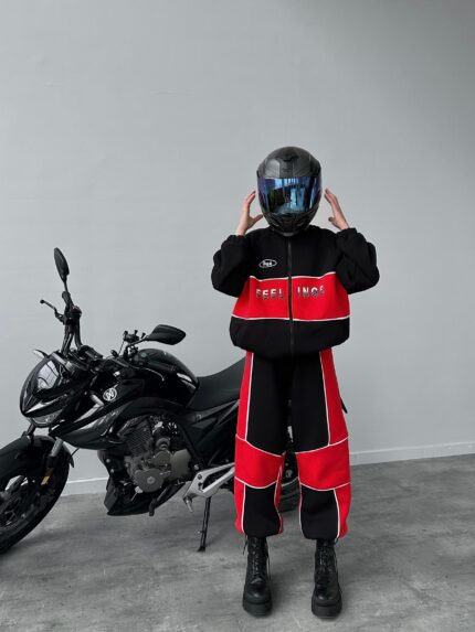 Drill Üç İplik Şardonlu Kırmızı Hırkalı Eşofman Takımı