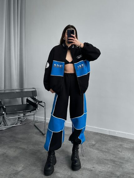 Drill Üç İplik Şardonlu Mavi Hırkalı Eşofman Takımı