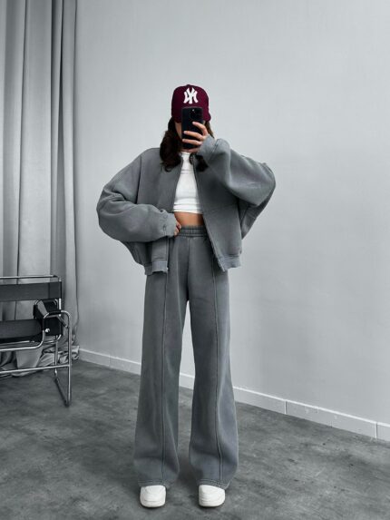 Nueve Üç İplik Şardonlu Gri Eşofman Takımı