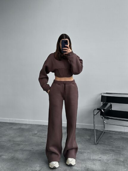 Rosso Korse Crop Kahverengi Eşofman Takımı