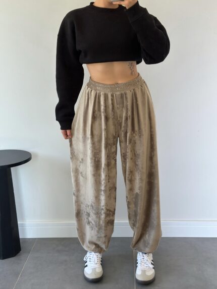 Maine Bej Kadife Dokulu Şalvar Pantolon