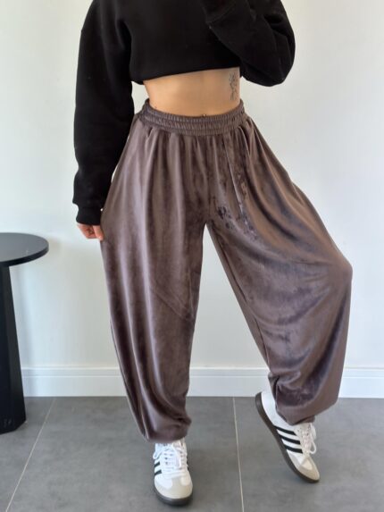 Maine Gri Kadife Dokulu Şalvar Pantolon