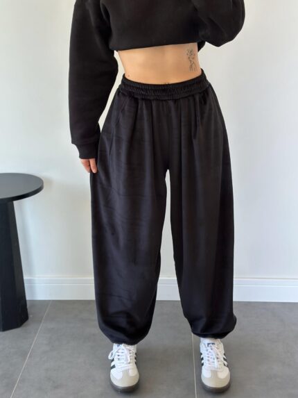 Maine Siyah Kadife Dokulu Şalvar Pantolon