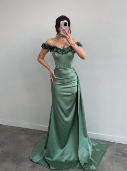 Elizabeth Korseli Çiçek Detay Su Yeşili Abiye