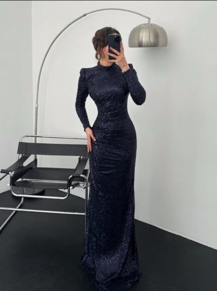 Petrus Payetli Lacivert Uzun Abiye