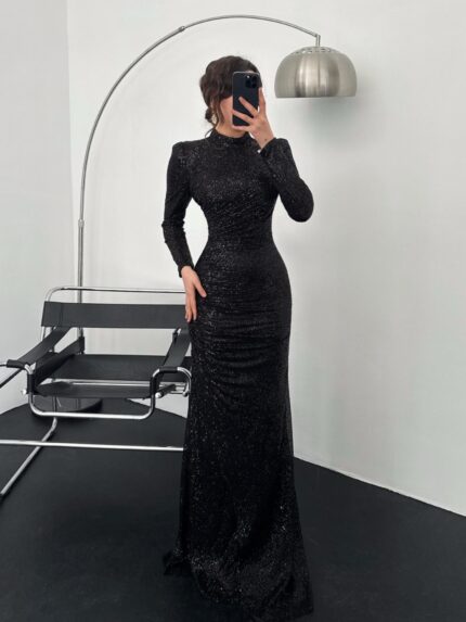 Petrus Payetli Siyah Uzun Abiye