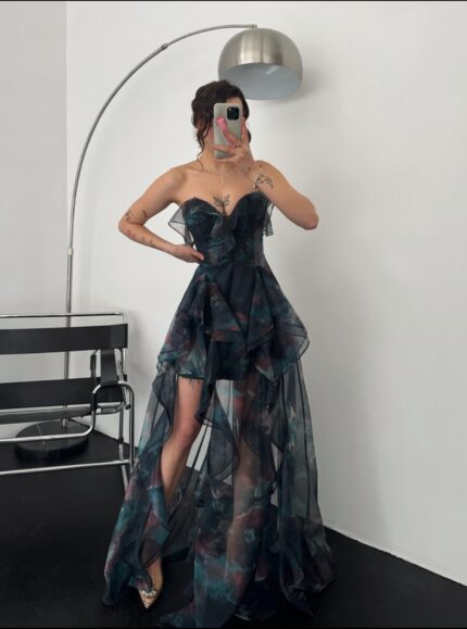 Cinderalla Straplez Fırfır Detay Şifon Tül Zümrüt Abiye Elbise