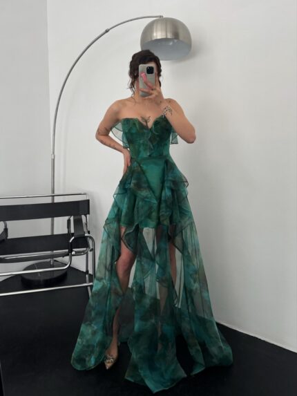 Cinderalla Straplez Fırfır Detay Şifon Tül Yeşil Abiye Elbise