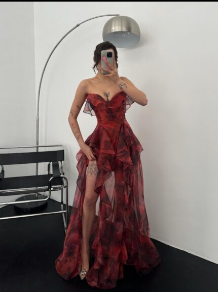 Cinderalla Straplez Fırfır Detay Şifon Tül Kırmızı Abiye Elbise