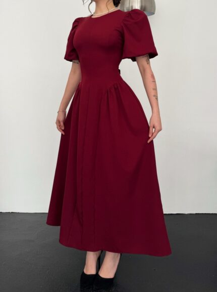 Twila Balon Kol Bağlamalı Bordo Uzun Elbise