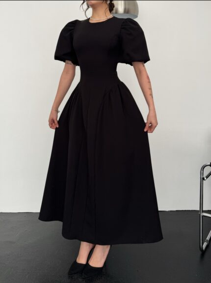 Twila Balon Kol Bağlamalı Siyah Uzun Elbise