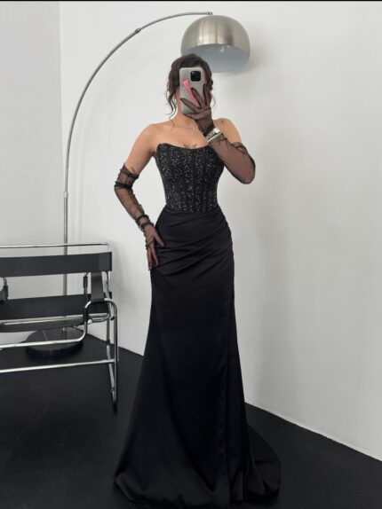 Lady Straplez Korse Detay Taşlı Siyah Abiye