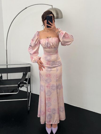 Mariposa Saten Detay Maxi Boy Pudra Elbise