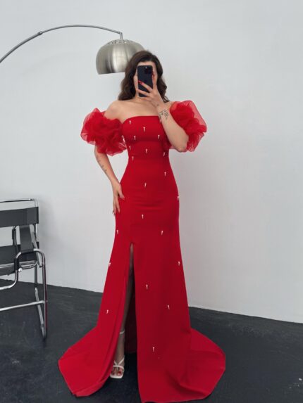 Annabel Balon Kol İnci Detay Kırmızı Abiye