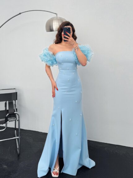 Annabel Balon Kol İnci Detay Bebe Mavi Abiye