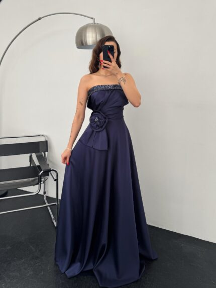 Ginevra Straplez Gül Detay Lacivert Abiye