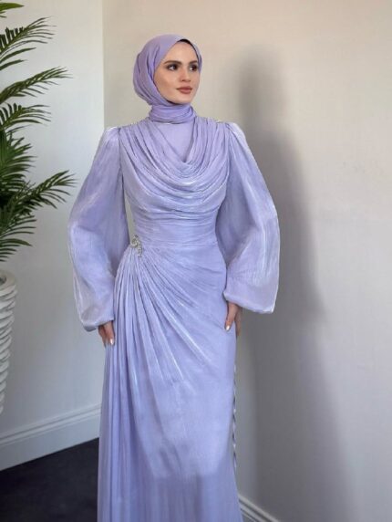 Jenika Omzu Ve Beli Taşlı Abiye Lila
