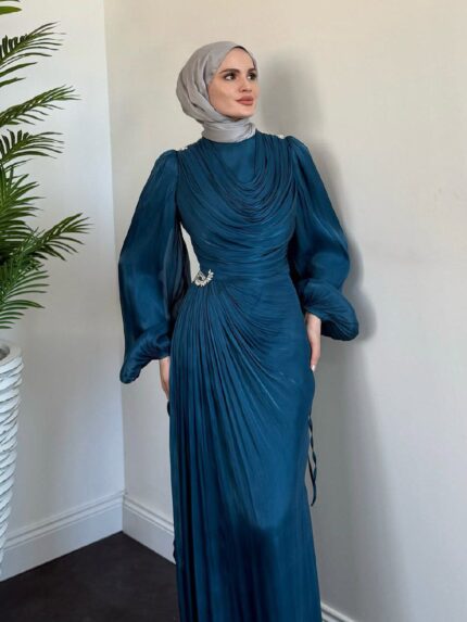 Jenika Omzu Ve Beli Taşlı Abiye Petrol Yeşili