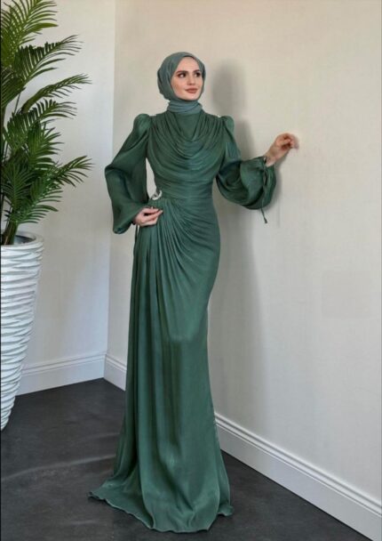 Jenika Omzu Ve Beli Taşlı Abiye Yeşil