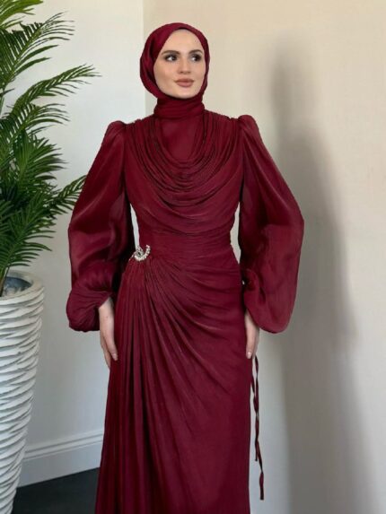 Jenika Omzu Ve Beli Taşlı Abiye Bordo